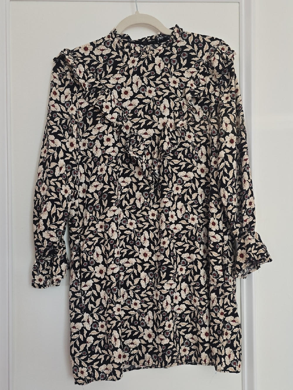 Zara Black Floral Ruffle-Neck Mini Dress